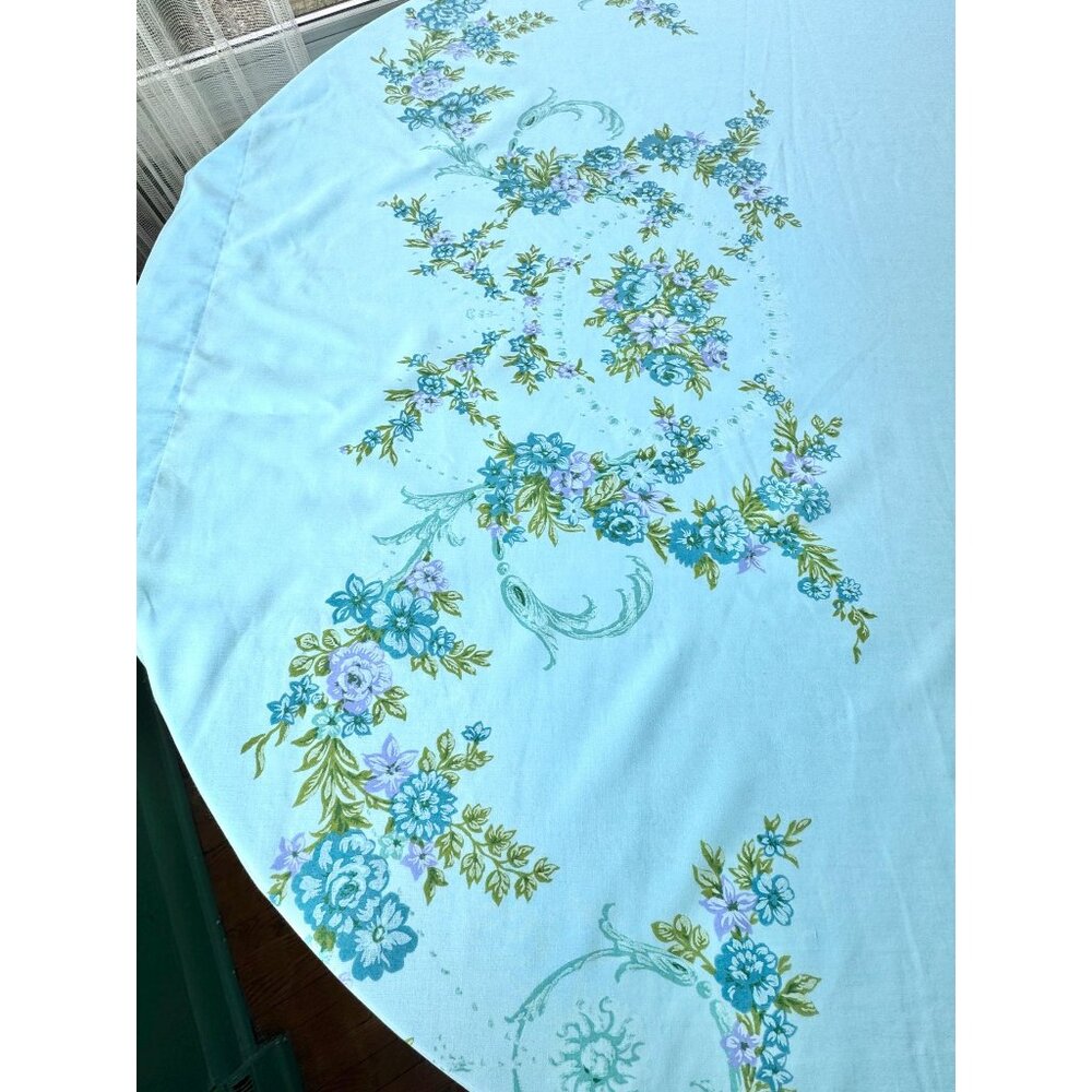 Vintage 70s flat/top sheet, Robin Egg blue,  floral arabesques at the top